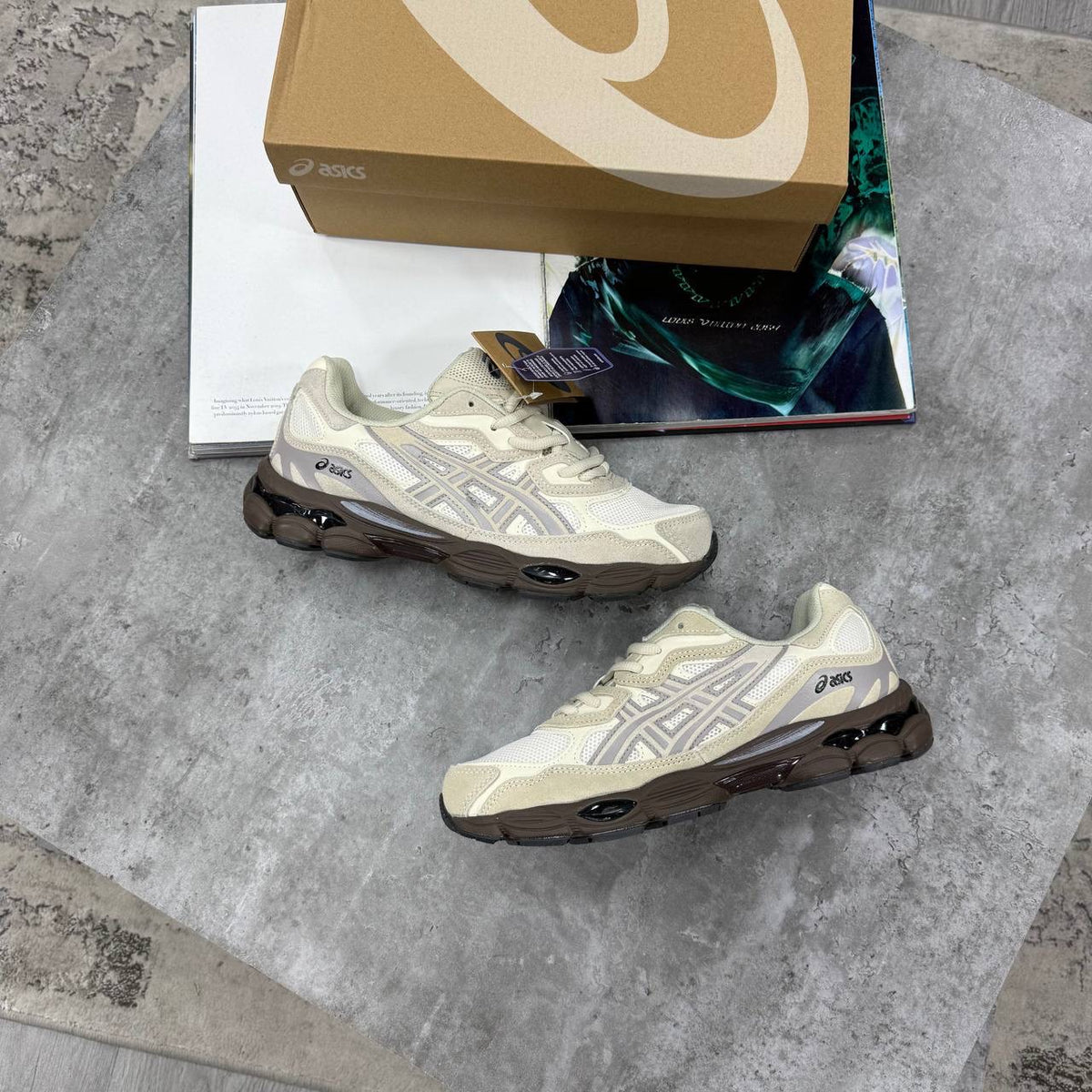 ASICS running shoes in cream with beige overlays and dark brown rubber sole