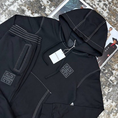 Black 4G motif tracksuit set, hooded top with Greek-key embroidery and striped drawstring pants