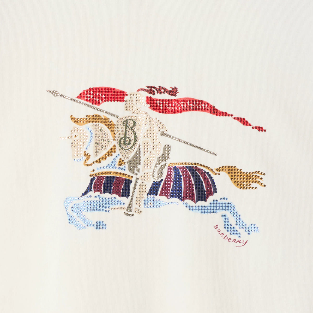 EKD cotton T-shirt graphic detail: horse, rider, and red banner in dots