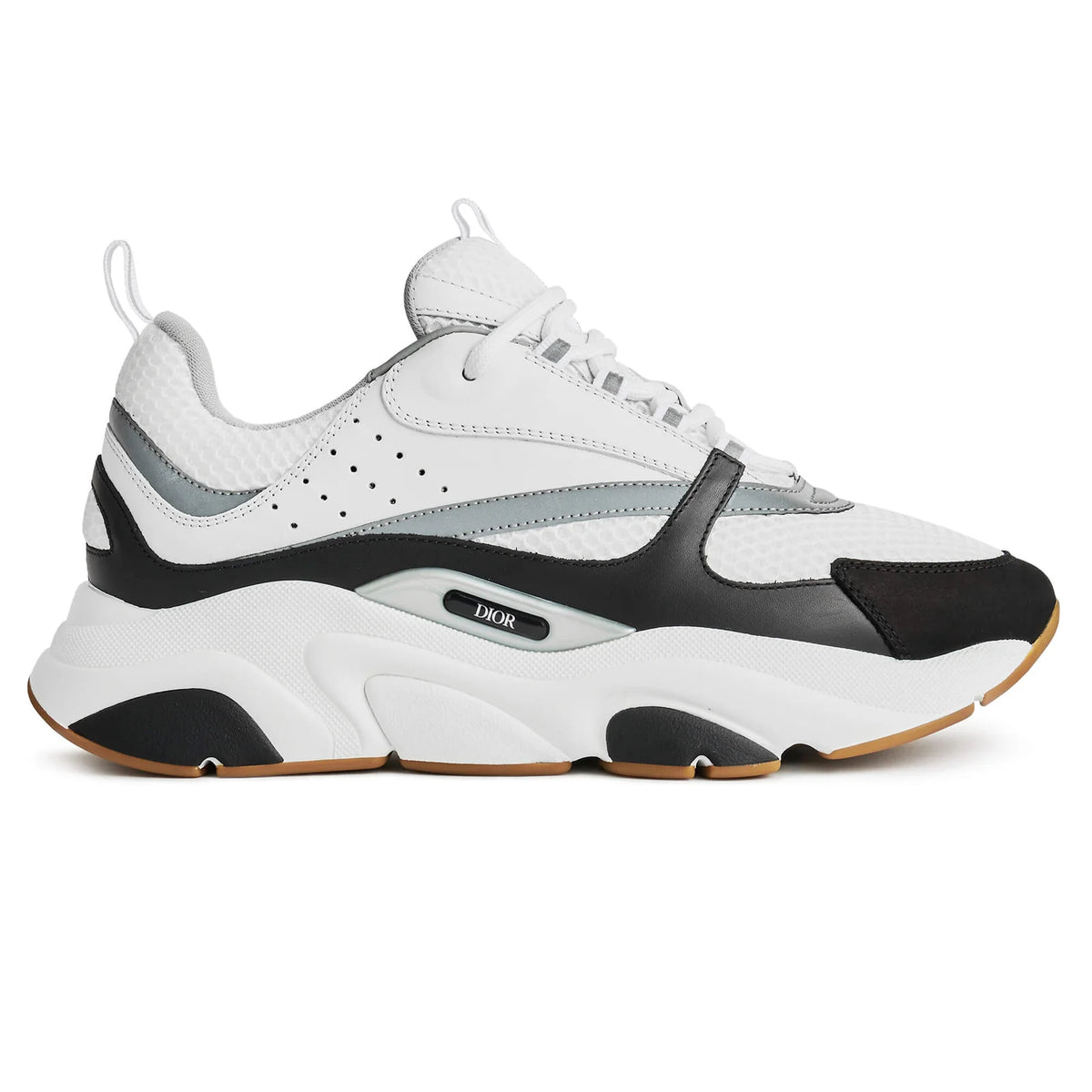 B22 Trainer White with black side panels, white laces, and tan outsole edge