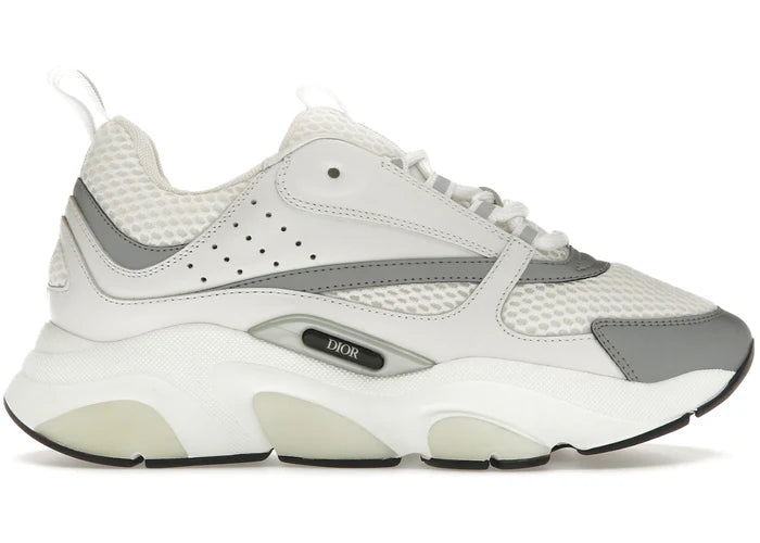 White Dior B22 sneaker in leather and mesh, lace-up, silver logo side panel