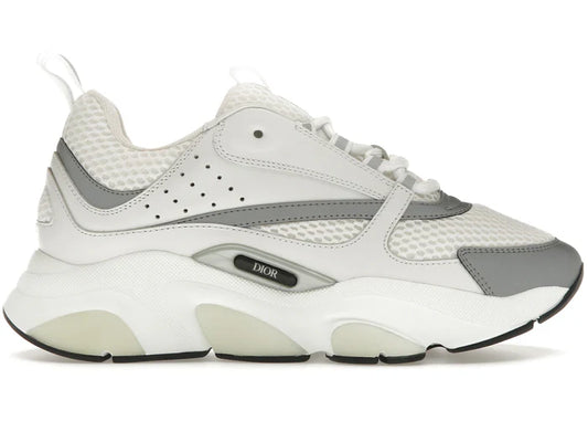 White Dior B22 sneaker in leather and mesh, lace-up, silver logo side panel