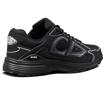 Heel-side view black sneaker with gray trim, lace-up top, Dior badge