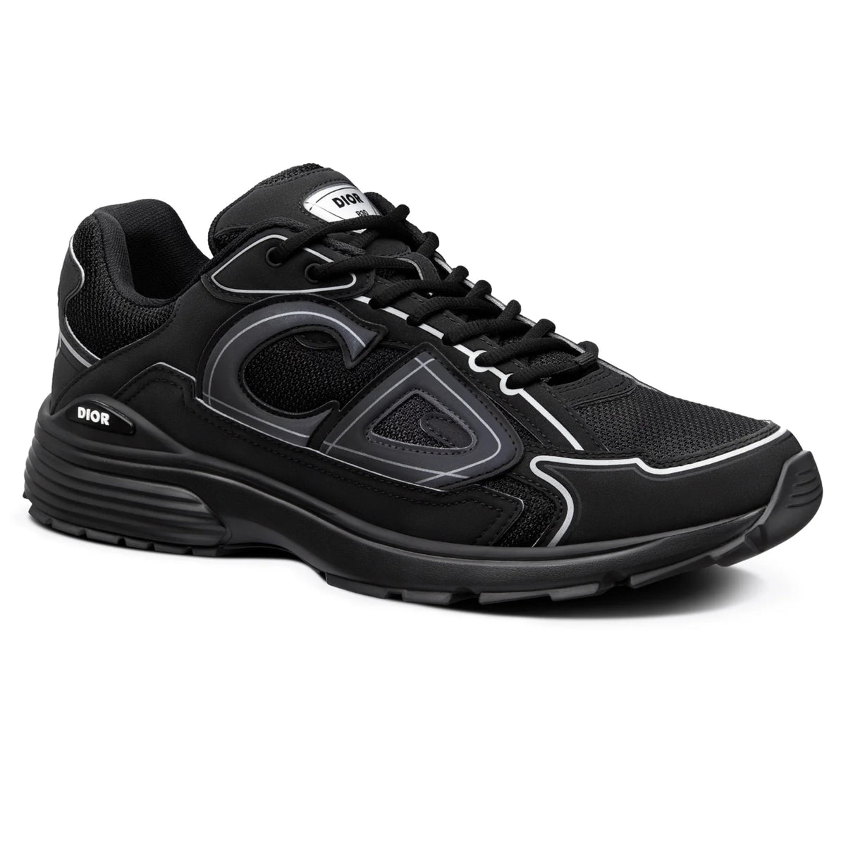 Black lace-up sneaker, gray side panels, chunky sole; Dior logo