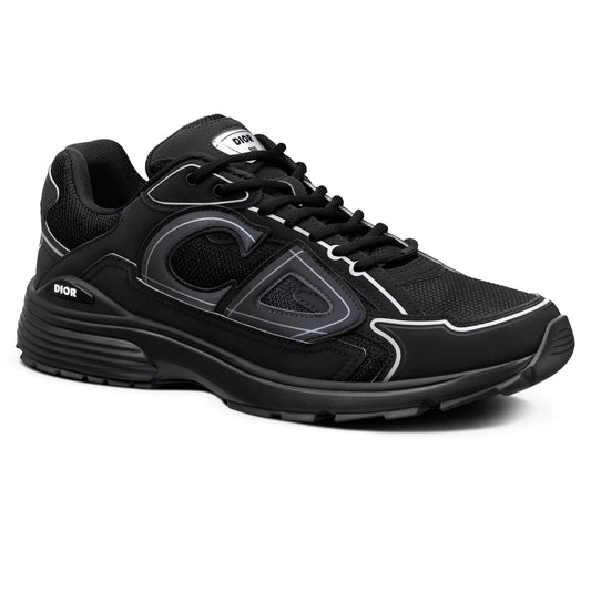 Black lace-up sneaker, gray side panels, chunky sole; Dior logo