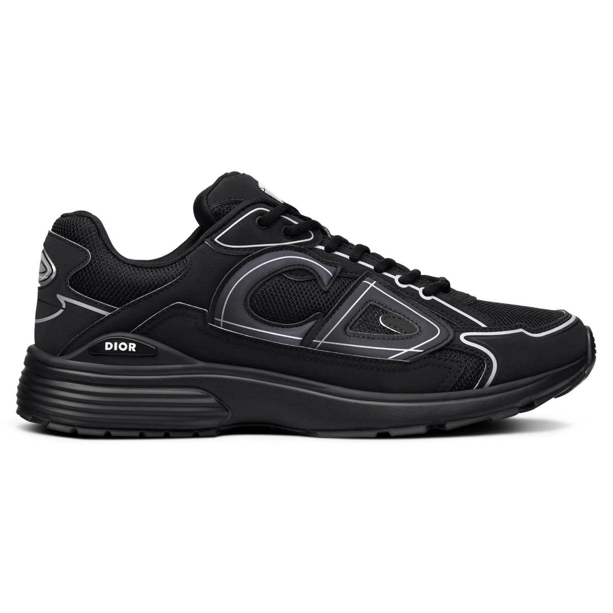 Side view black sneaker with gray accents, lace-up closure, ribbed tread sole