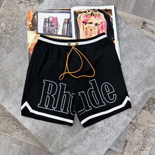 Rhude black drawstring shorts with elastic waistband and white striped hem