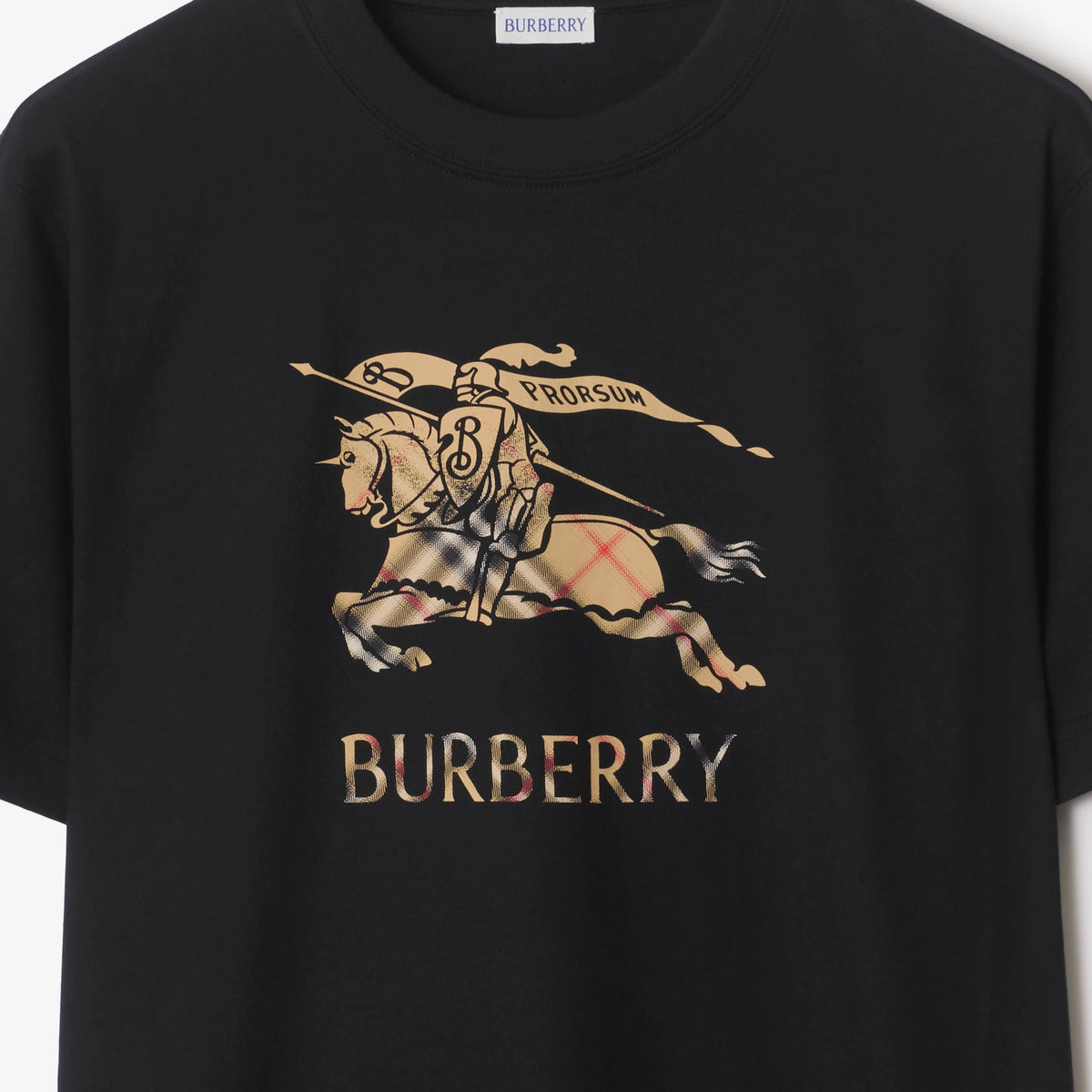 Close-up of black cotton T-shirt print: Burberry horse graphic and crest on chest
