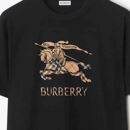 Close-up of black cotton T-shirt print: Burberry horse graphic and crest on chest