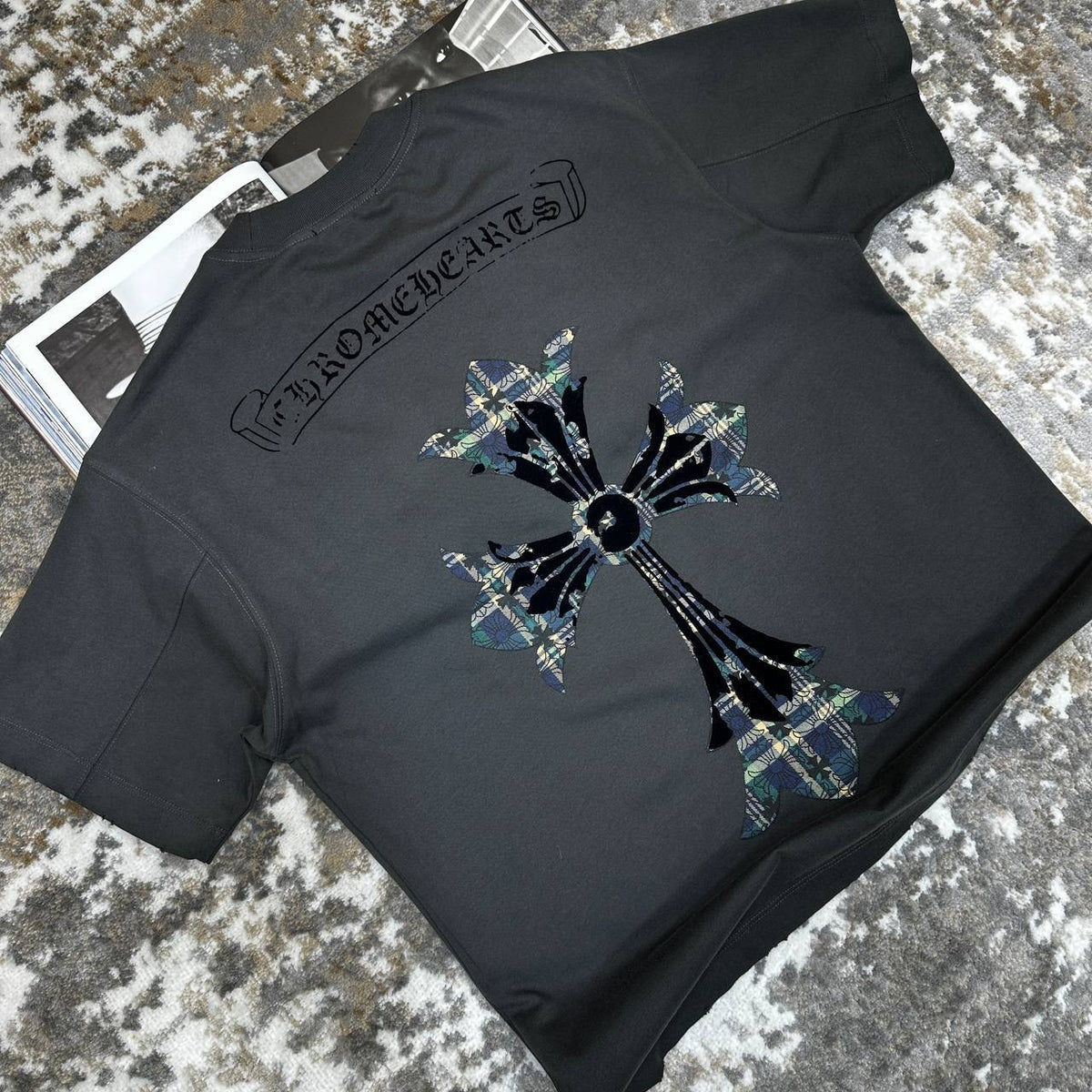 Chrome Hearts T-shirt, dark charcoal, large starburst floral graphic with plaid accents