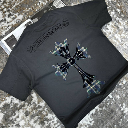 Chrome Hearts T-shirt, dark charcoal, large starburst floral graphic with plaid accents