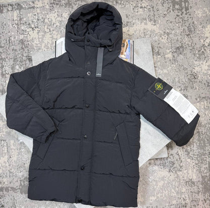 Black quilted puffer coat with hood, button closure, side pockets