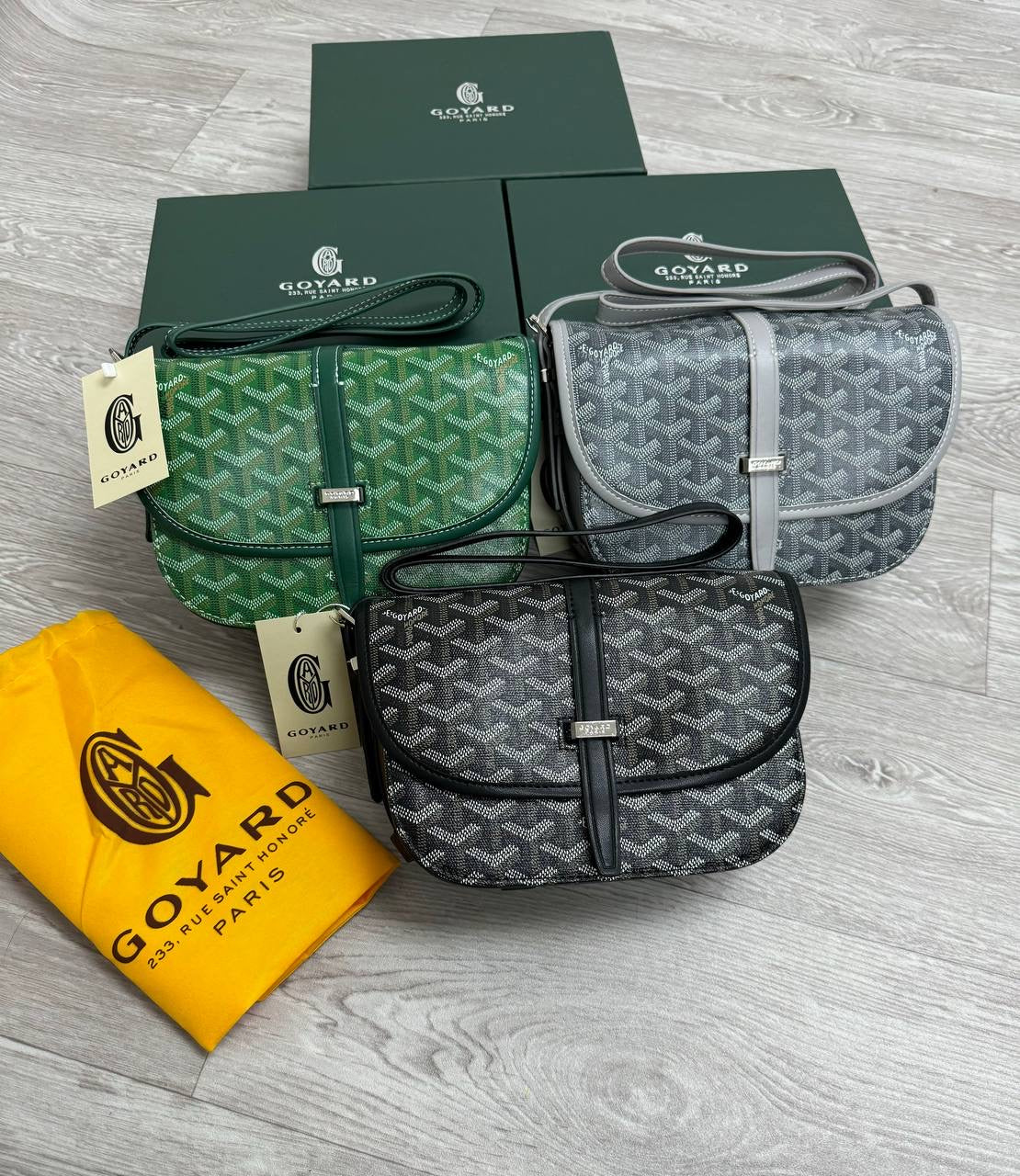 Gyard man bag set: green, light grey, and dark grey crossbody bags