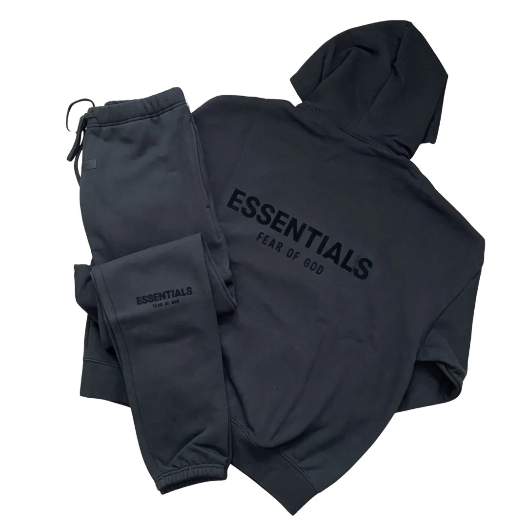 Dark tracksuit set with zip hoodie and joggers, ESSENTIALS logo on chest