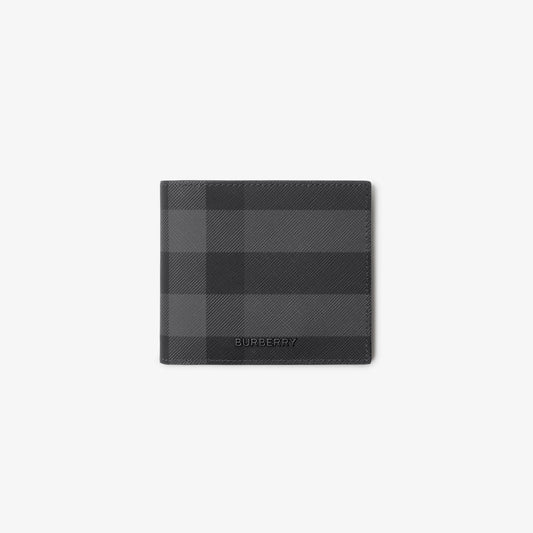 Charcoal check bifold wallet with logo, textured fabric exterior
