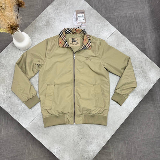 Beige Harrington jacket with check collar and full-length zip, two front pockets