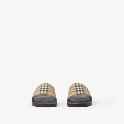Beige check slides, back view with black textured sole