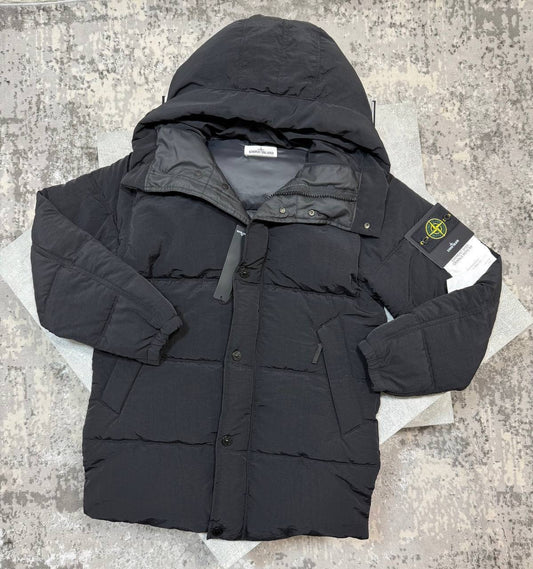 Black insulated coat with hood, button front, chest pockets