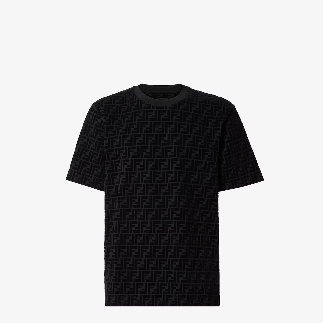 Black cotton T-shirt with repeating logo pattern, crew neck, short sleeves