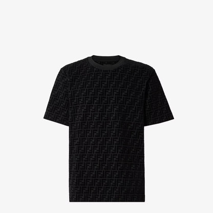 Black cotton T-shirt with repeating logo pattern, crew neck, short sleeves