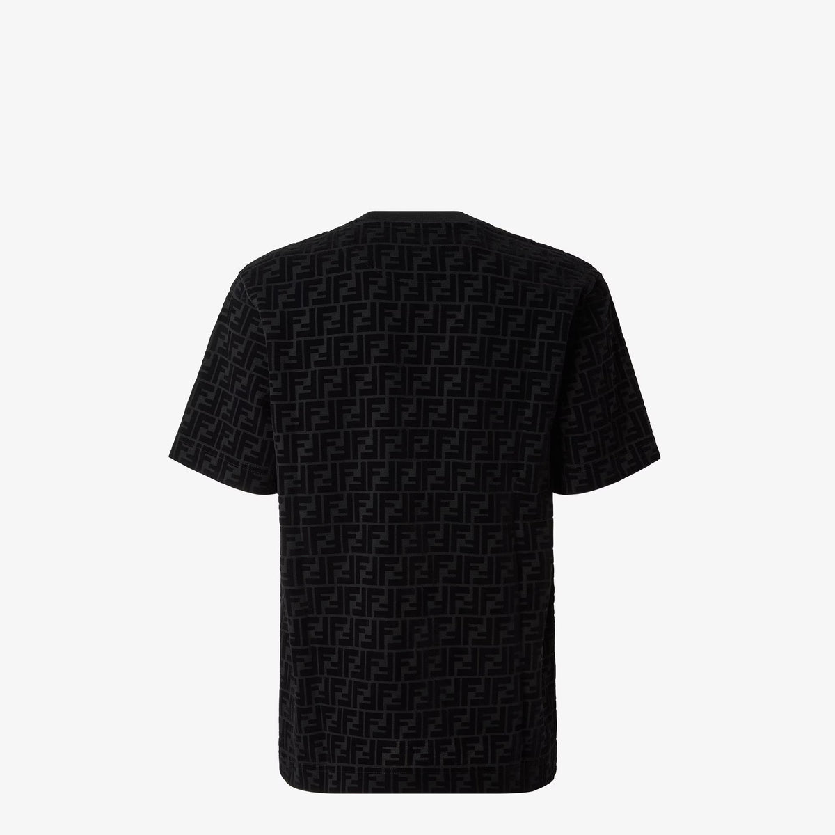 Black cotton T-shirt back view with all-over repeating logo pattern, short sleeves