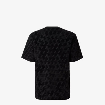 Black cotton T-shirt back view with all-over repeating logo pattern, short sleeves