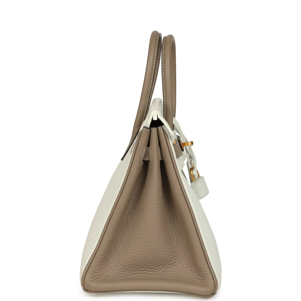 Sac Birkin 25 bicolore, vue latérale avec anse et attaches de fermeture