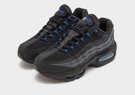 Nike Air Max 95 running shoes, dark gray/black mesh with blue accents and visible air unit