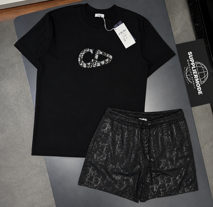 Black T-shirt and shorts set with graphic logo print and patterned drawstring shorts