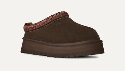 Brown suede slip-on clog with knit collar trim and thick rubber outsole