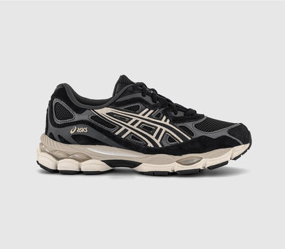 Black and cream lace-up running shoes, side panels and gel-style cushioning