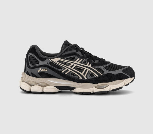 Black and cream lace-up running shoes, side panels and gel-style cushioning