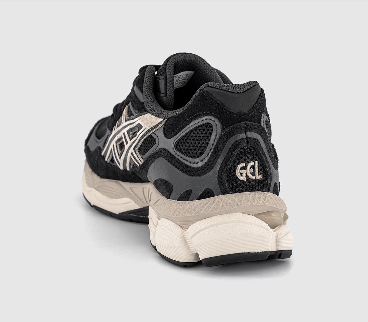 Rear view of black and cream sneakers with “GEL” heel patch and padded collar