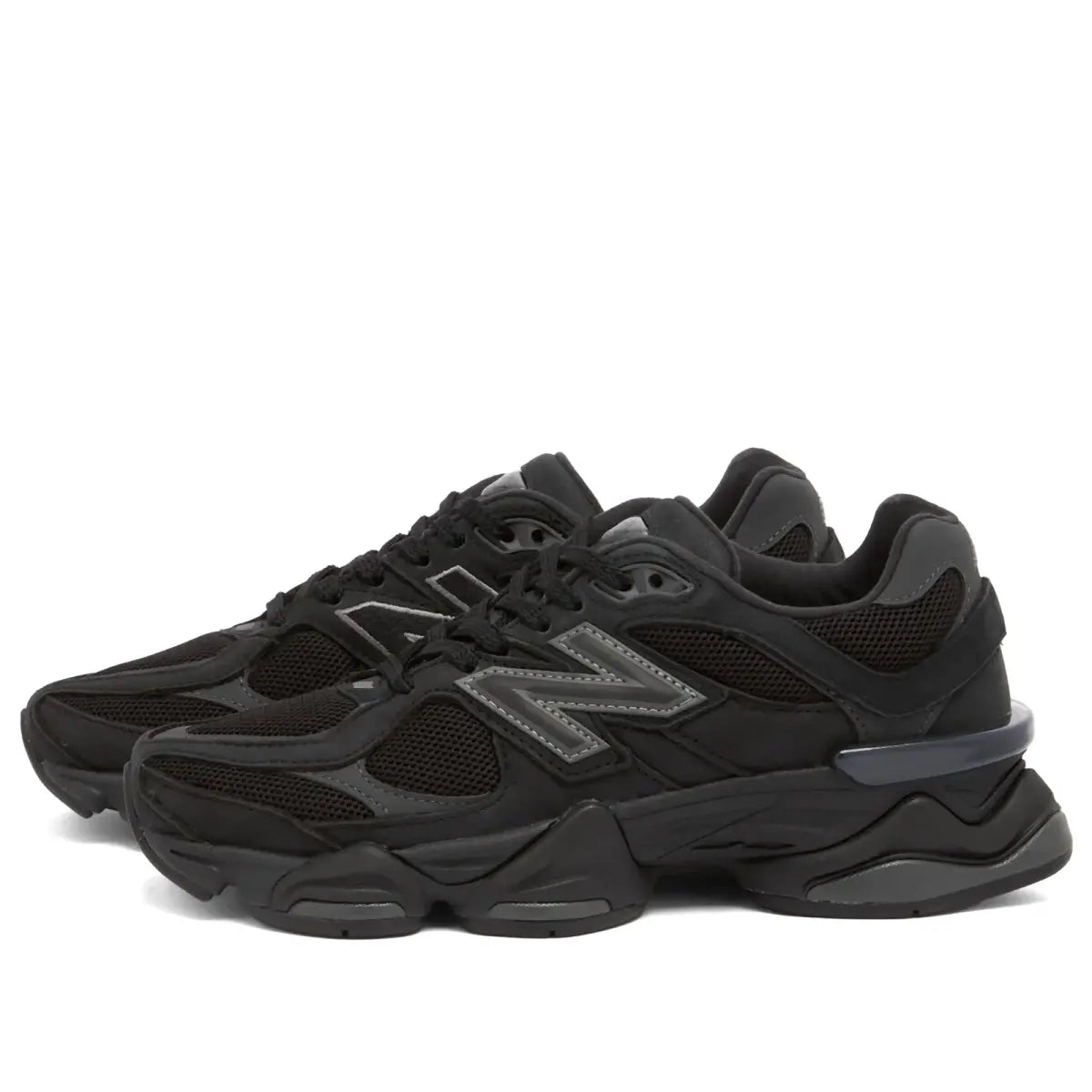 NB 9060 front 3/4 view, black lace-up sneaker with grey accent details