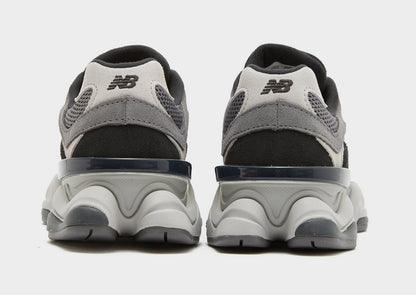 NB 9060 sneakers heel view with black lining, grey upper, and thick white midsole
