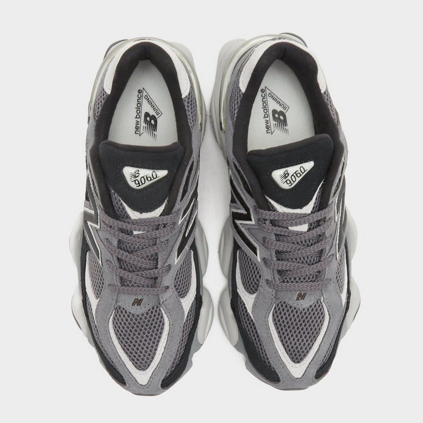 NB 9060 pair showing heel tab and insole labels; grey mesh with black overlays
