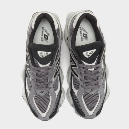 NB 9060 pair showing heel tab and insole labels; grey mesh with black overlays
