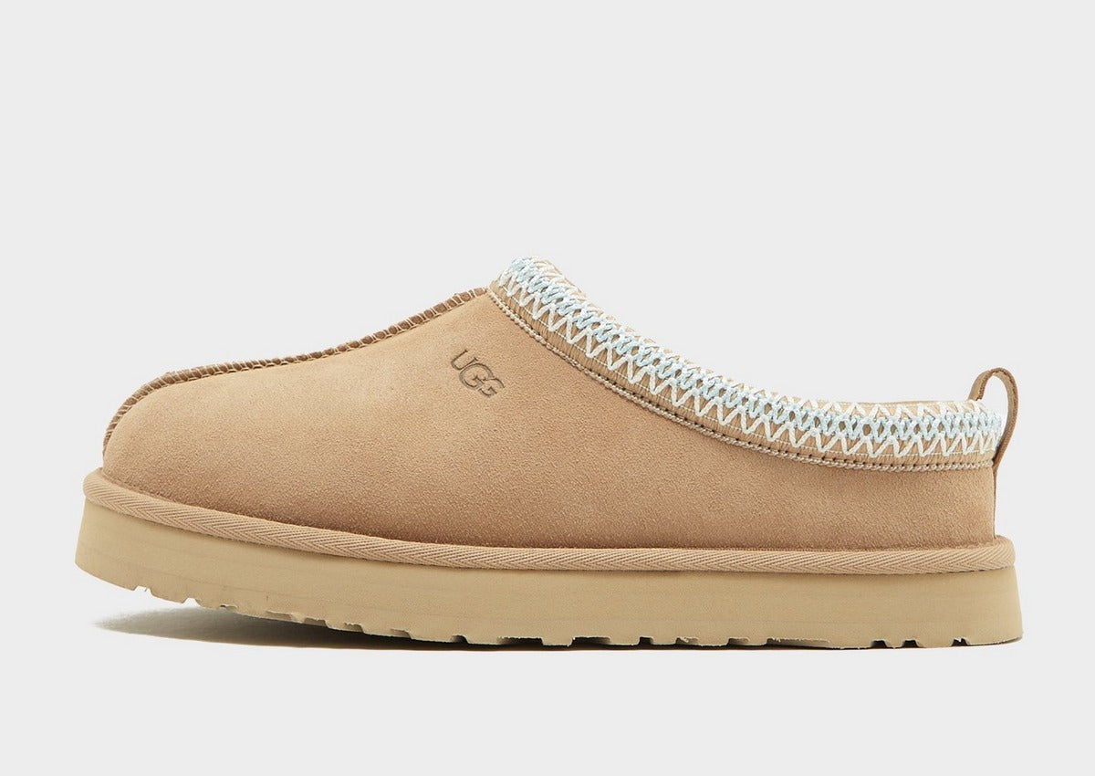 UG Tazz suede slip-on showing side profile, light blue knit trim, and rubber outsole