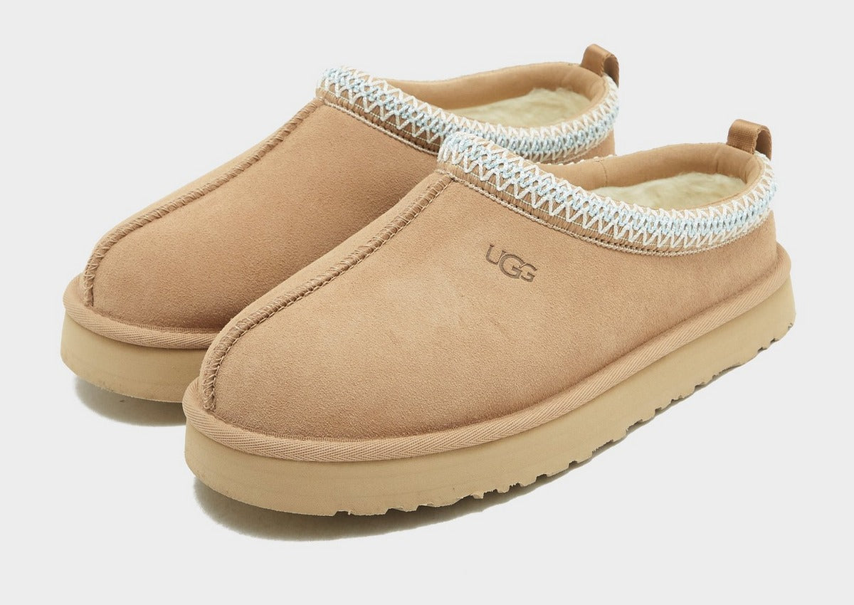 Sand UG Tazz suede slippers, two side views with light blue stitched collar