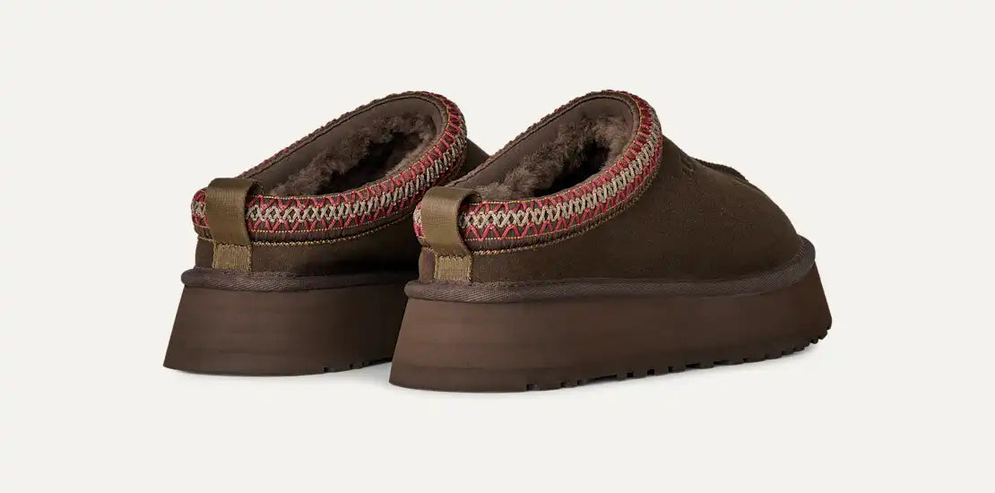 Pair of UG Dusted Cocoa slippers, dark brown back view with red patterned trim
