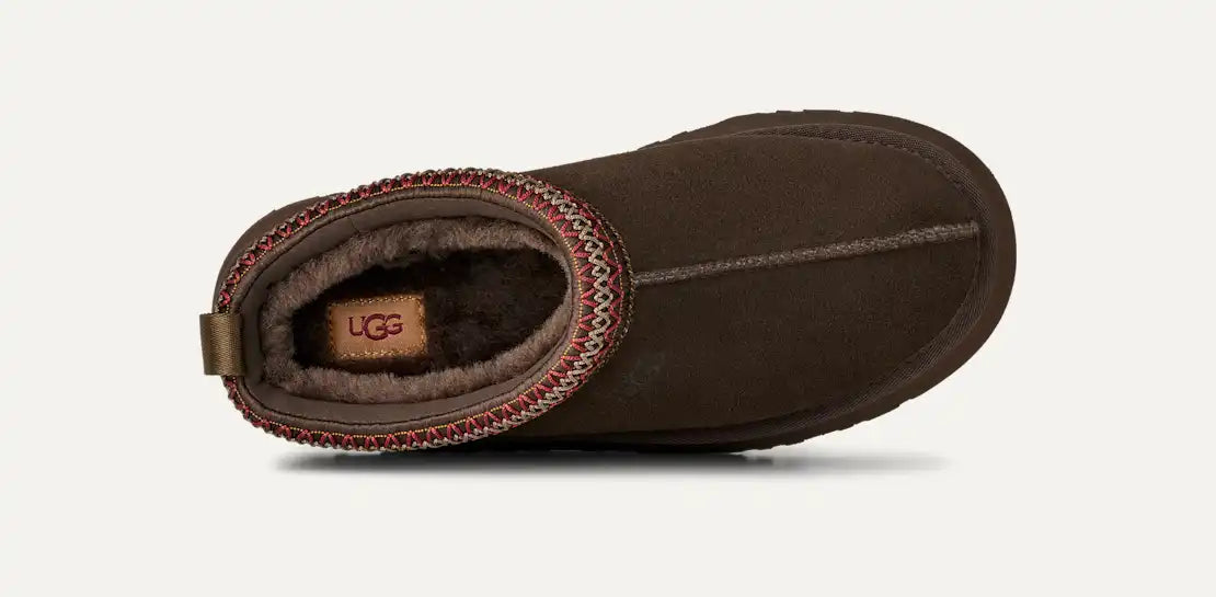 UG Dusted Cocoa slipper with strap and faux-fur lining, dark brown and red trim