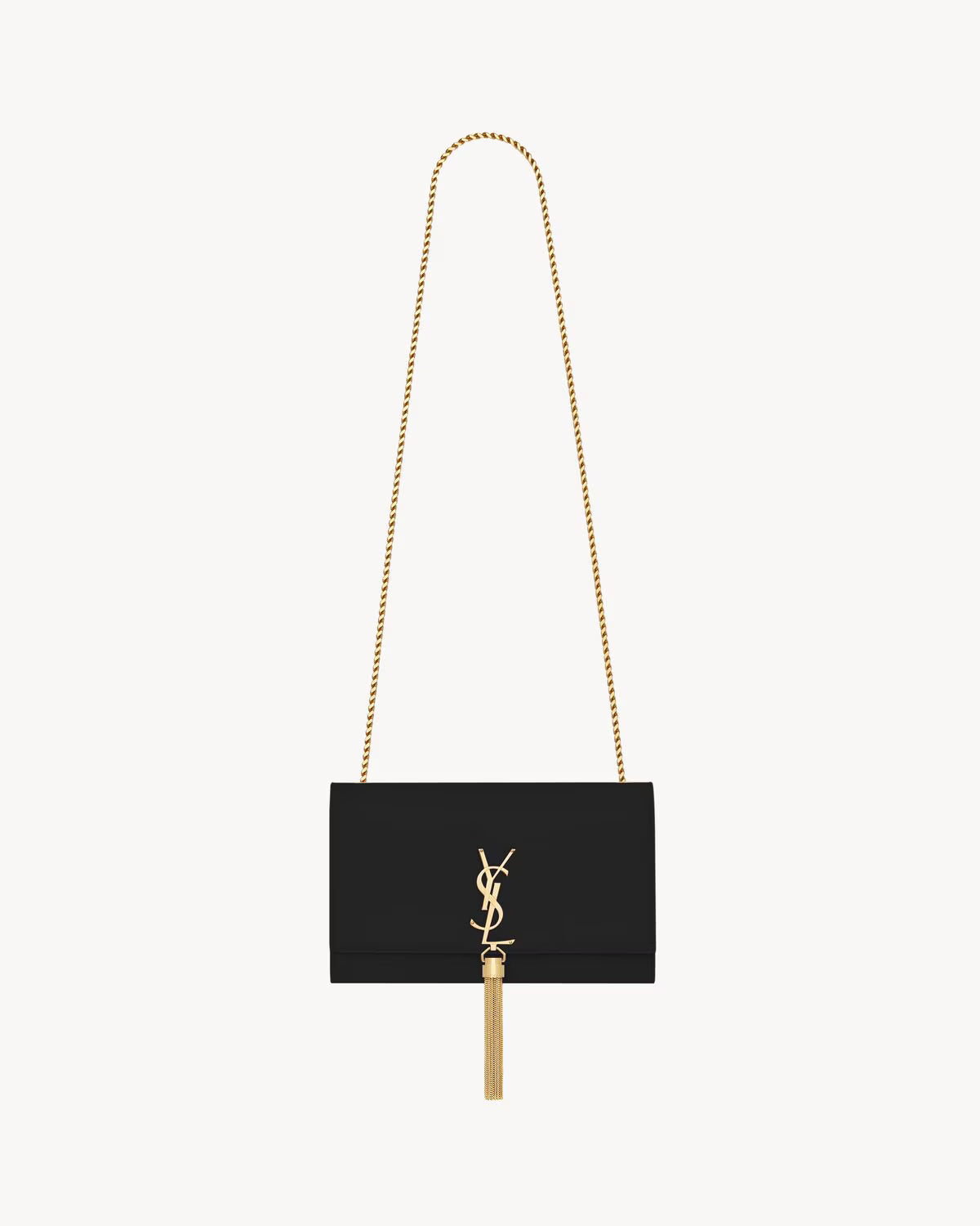 Sac KATE moyen cuir noir gaufré, bandoulière chaîne, frange avec logo YSL