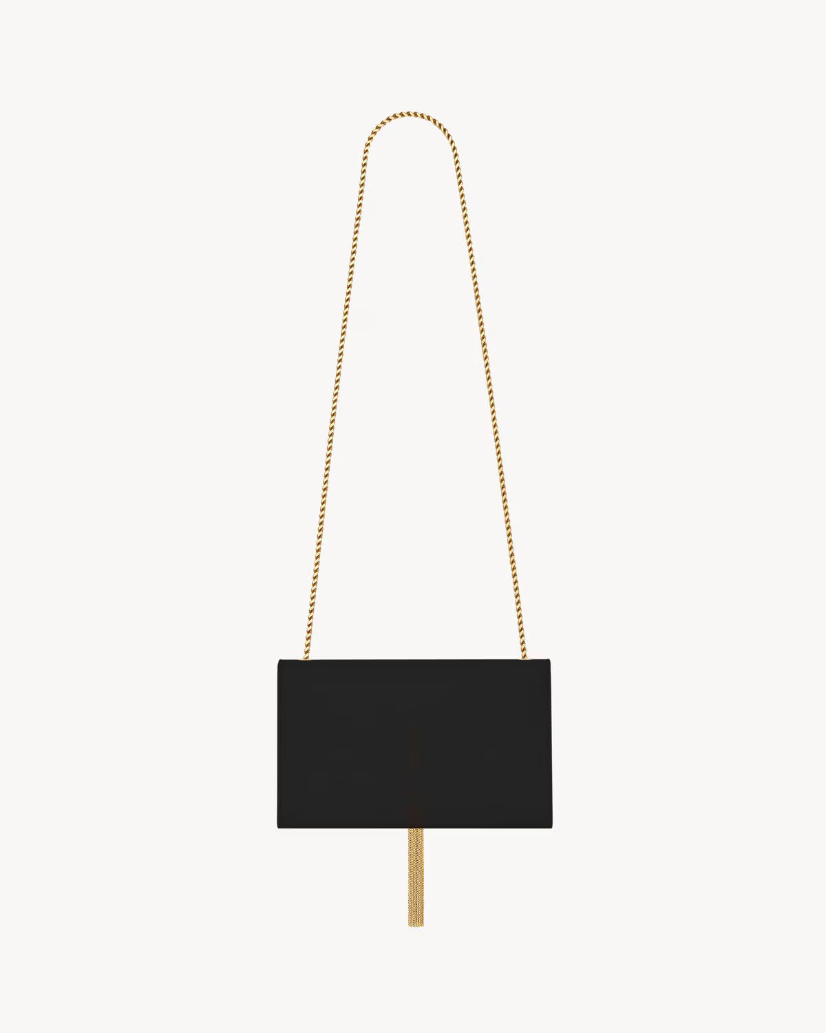 Sac KATE moyen cuir noir gaufré, bandoulière chaîne, frange pendante dorée