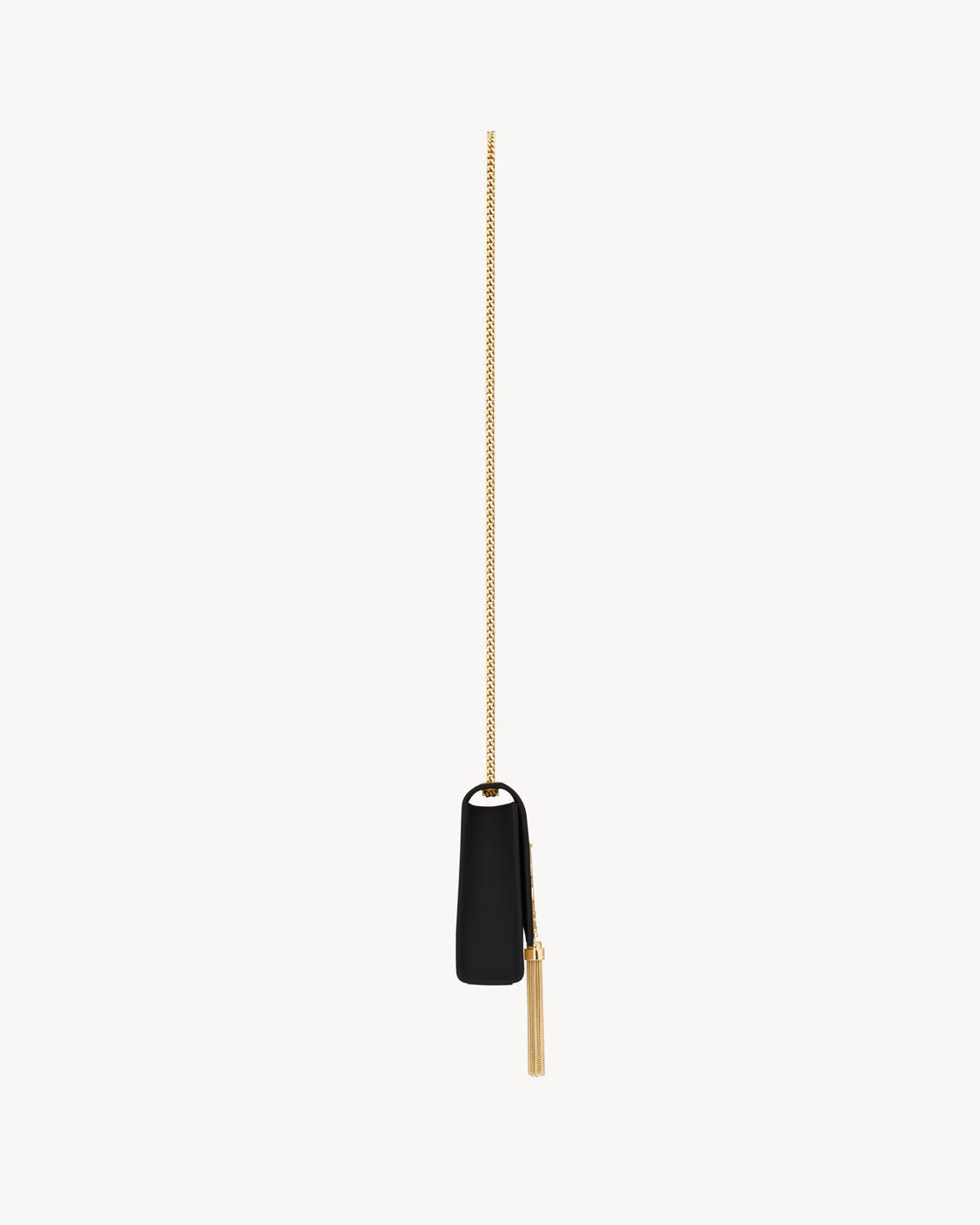 Sac KATE moyen cuir noir, bandoulière chaînée dorée, frange verticale