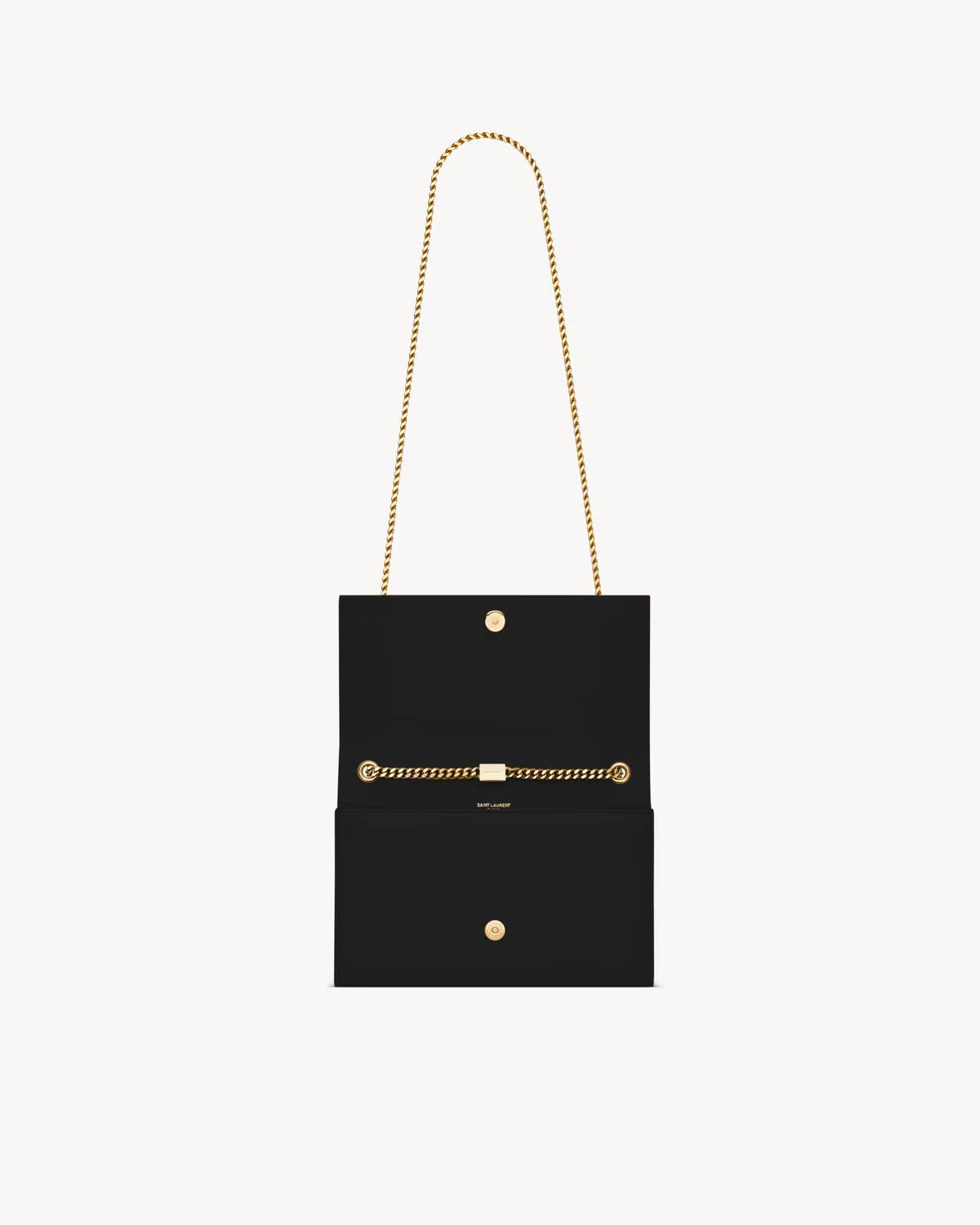 Sac KATE moyen cuir noir, rabat avec boutons, sangle chaînée dorée