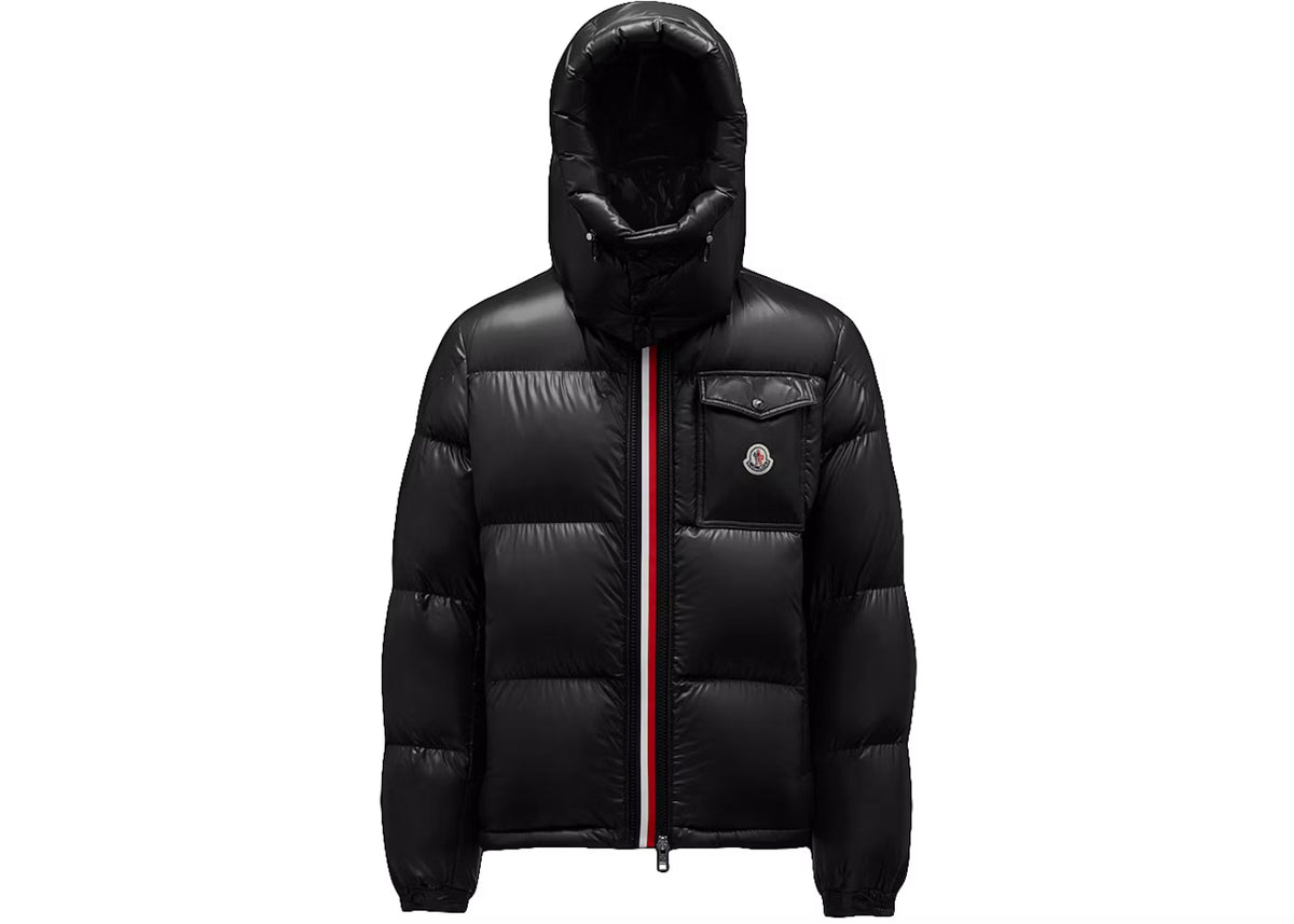 Monc Montbeliard hooded puffer coat, black, front zip and logo patch