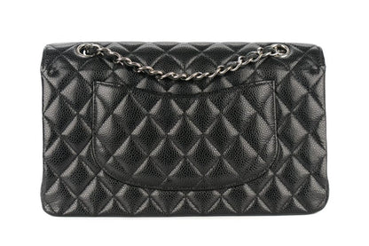 Medium Classic Flap shoulder bag, dark black quilted, back view with logo clasp