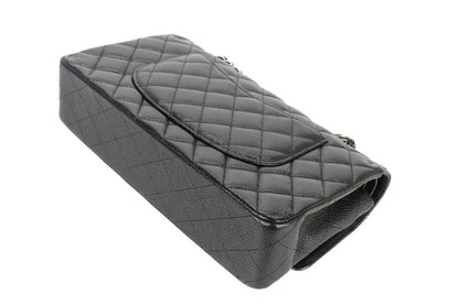 Medium Classic Flap shoulder bag, dark black quilted, side view, chain strap