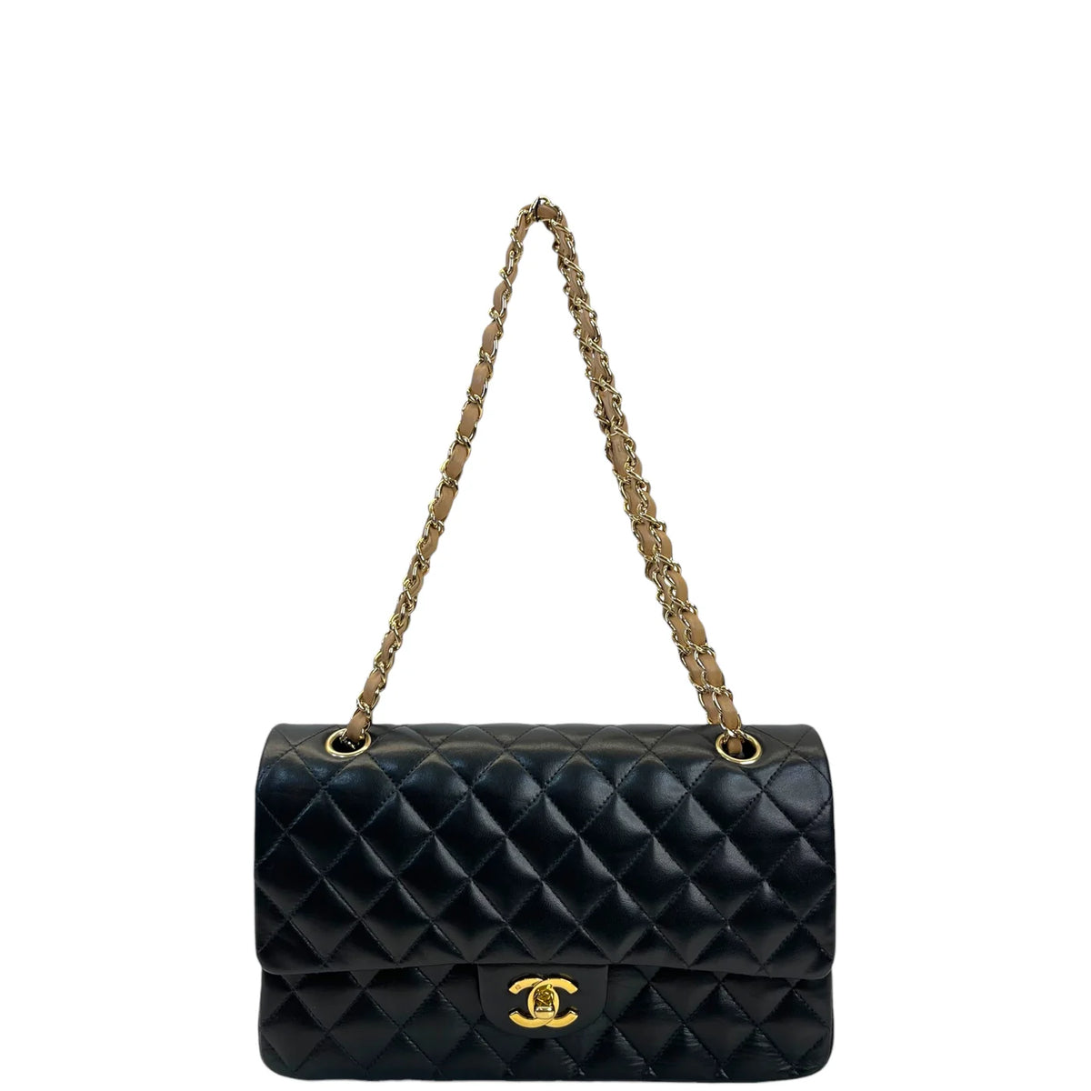 Classic double flap bag in dark quilted leather with gold chain strap and front logo