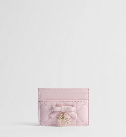 Lady Dior Freesia card holder, pale pink quilted leather with bow charm